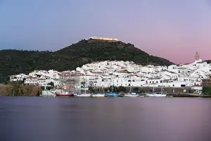 Town Hill Prints: Sanlucar de Guadiana in Spain and Alcoutim in Portugal with sail boats on Guadiana river