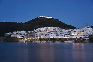 Town Hill Prints: Sanlucar de Guadiana in Spain and Alcoutim in Portugal with sail boats on Guadiana river