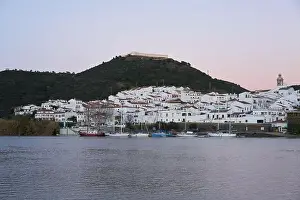 Guadiana Prints: Sanlucar de Guadiana in Spain and Alcoutim in Portugal with sail boats on Guadiana river