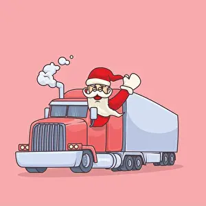 Santa cartoon driving a container truck and waving cheerfully in a festive Christmas trucker theme