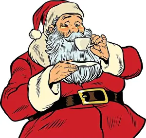 Santa Claus drinking tea or coffee. isolated on white background. Pop art retro vector illustration