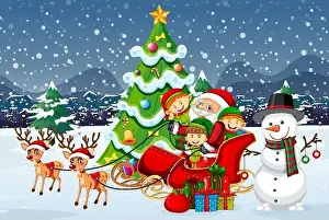Sleigh Prints: Santa Claus on sleigh with reindeer and many kids wear elf costume in snow scene illustration