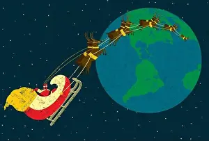 Presents Prints: Santa delivering presents Santa Claus flying around the world in his sleigh being pulled by his reindeer