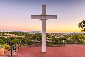 Santa Fe Prints: Santa Fe, New Mexico, USA downtown skyline at dusk with the cross