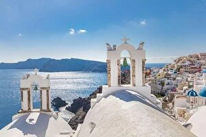 Images Dated 9th October 2019: Santorini, Greece. Picturesque sea view of traditional cycladic Santorini houses on small street