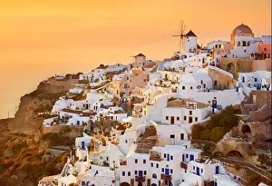 Marvelous Prints: Santorini Island - aerial view of Oia Town at sunset time, Greece