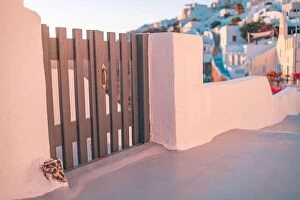 Images Dated 23rd July 2021: Santorini island sunset view. Architectural details, famous travel destination abstract closeup