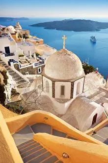 Fira Prints: Santorini Island - Thira (capital city) - greek white church overlooking the Aegean Sea