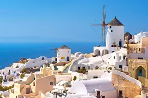 Absence Prints: Santorini Island - white houses and windmills on the blue sky, Oia, Greece