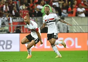Sao Paulo's Lucas Moura celebrates after scoring against Flamengo during a soccer match for the Brazilian Serie A