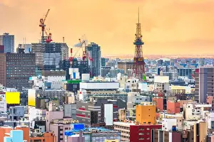 Sapporo, Hokkaido, Japan downtown city skyline over Chuo Ward towards the tower at night