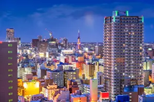 Sapporo, Hokkaido, Japan downtown city skyline over Chuo Ward towards the tower at night