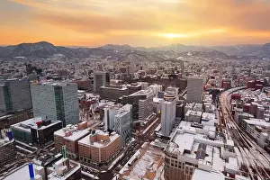 Sapporo, Hokkaido, Japan downtown skyline from above at twilight