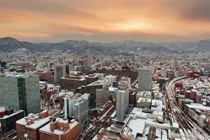 Sapporo, Hokkaido, Japan downtown skyline from above at twilight