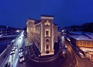 Vijecnica Prints: Sarajevo city hall or national library in town center aerialhyper lapse or time lapse