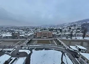 Sarajevo city hall or national library in town center aerialhyper lapse or time lapse