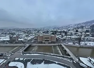 Sarajevo city hall or national library in town center aerialhyper lapse or time lapse