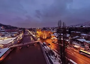 Vijecnica Prints: Sarajevo city hall or national library in town center aerialhyper lapse or time lapse