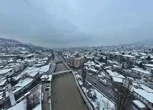 Sarajevo city hall or national library in town center aerialhyper lapse or time lapse