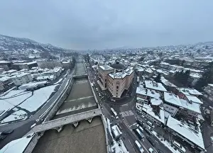 Sarajevo city hall or national library in town center aerialhyper lapse or time lapse