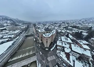 Sarajevo city hall or national library in town center aerialhyper lapse or time lapse