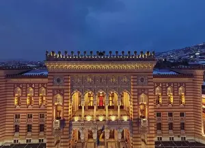 City Hall Prints: Sarajevo city hall or national library in town center aerialhyper lapse or time lapse