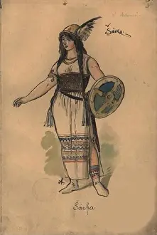 Colour Lithograph Prints: Sarka. Costume design for the opera Sarka by Zdenek Fibich
