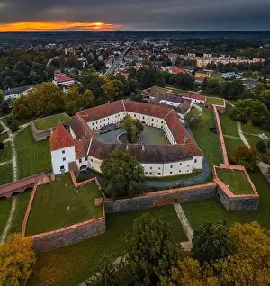 Nadasdy Prints: Sarvar, Hungary - Aerial panoramic view of the Castle of Sarvar (Nadasdy castle)
