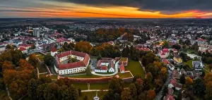 Nadasdy Prints: Sarvar, Hungary - Aerial panoramic view of the Castle of Sarvar (Nadasdy castle) with Sarvar Arboretum