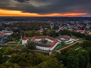 Sarvar, Hungary - Aerial panoramic view of the Castle of Sarvar (Nadasdy castle) with Sarvar Arboretum