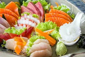 Deluxe Prints: Sashimi mori, mix sashimi set served in ceramic plate decorated with green lettuce