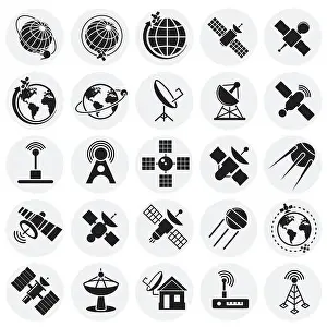 Broadcasting Prints: Satellite icons set on circles background for graphic and web design