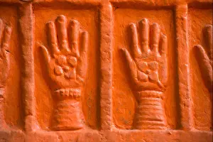 Scarlet Prints: Sati handprints on loha pol painted, mehrangarh fort, jodhpur, rajasthan, india, asia