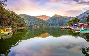 Ducks Prints: Sattal lake Nainital at sunset with scenic landscape and view of tourist boats at Uttarakhand India