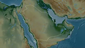 Saudi Arabia Prints: Saudi Arabia outlined on a Colored elevation map with lakes and rivers