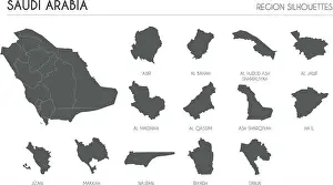 Riyadh Prints: Saudi Arabia region silhouettes set and blank map of the country isolated on white background