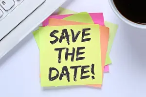 Konzept Prints: Save the date Termin Datum Einladung Verabredung Business Schreibtisch Computer Tastatur