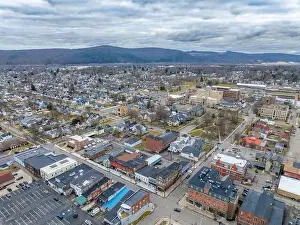 Sayre, PA, USA - 03-03-2024 - Cloudy winter aerial image of the downtown area in the City of Sayre, PA