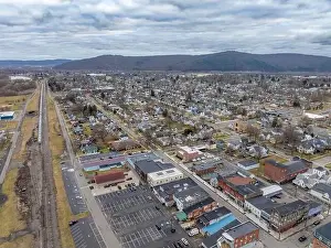 Sayre, PA, USA - 03-03-2024 - Cloudy winter aerial image of the downtown area in the City of Sayre, PA