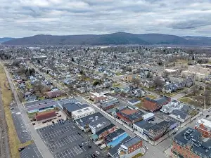 Sayre, PA, USA - 03-03-2024 - Cloudy winter aerial image of the downtown area in the City of Sayre, PA