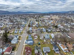Bradford Prints: Sayre, PA, USA - 03-03-2024 - Cloudy winter aerial image of the downtown area in the City of Sayre