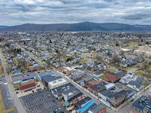 Sayre, PA, USA - 03-03-2024 - Cloudy winter aerial image of the downtown area in the City of Sayre, PA
