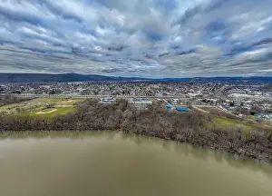 Sayre, PA, USA - 03-03-2024 - Cloudy winter aerial image of the downtown area in the City of Sayre, PA