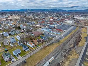 Sayre, PA, USA - 03-03-2024 - Cloudy winter aerial image of the downtown area in the City of Sayre, PA