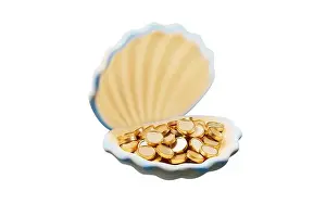 Oyster Prints: Scallop shell and golden coins with cartoon style, 3d rendering. 3D illustration