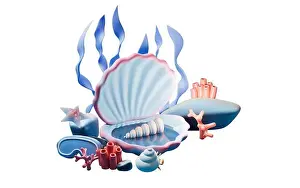 Seagrass Prints: Scallop shell underwater with cartoon style, 3d rendering. 3D illustration