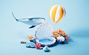 Hot Air Balloon Prints: Scallop shell underwater with cartoon style, 3d rendering. 3D illustration
