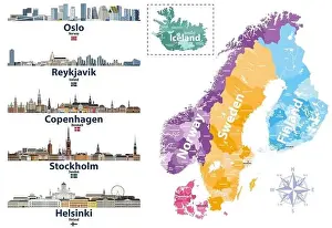Scandinavian countries map with capital cities skylines icons. Vector illustration