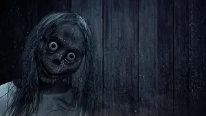 Stare Prints: Scary Momo standing in the dark background. Scary face for Halloween. Halloween concept