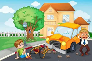 Boyhood Prints: Scene with accident on the road illustration